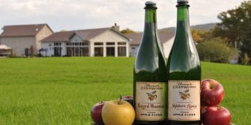 Two bottles of cider with apples and Albemarle CiderWorks in the background