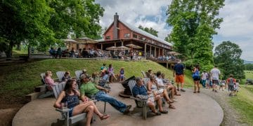 Outdoor seating area at Bold Rock Tap Room at Carter Mountain Orchard near Charlottesville, Va.