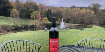 A wine bottle sits a top a table located by the pond at Delfosse Vineyards and Winery