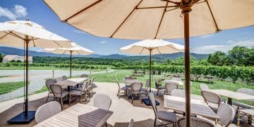 The patio of Stinson Vineyards with a view of the orchards and Blue Ridge Mountains