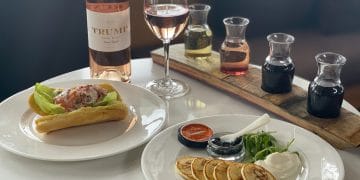 A flight of wine and a meal for a wine tasting at Trump Winery in Charlottesville, Virginia